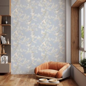 Nightingales on a Rose Branch Wallpaper