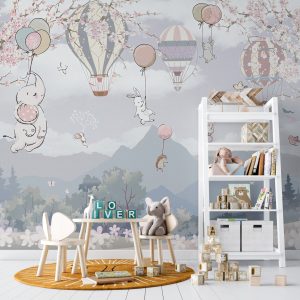 Sakura Flowers and Flying Cute Animals Wallpaper