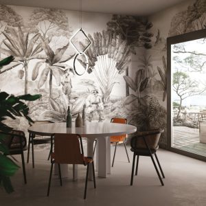 Colorful Tropical Pattern 3D Wallpaper in Soft Beige Tones