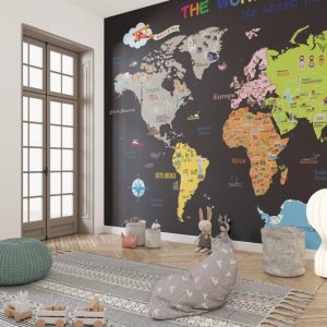 Dark Background Famous Buildings Children's Map 3D Wallpaper