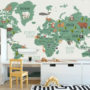 Beige Cream Background Tree and Animal Shaped Children's Map 3D Wallpaper