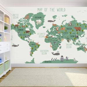 Animals on the World Children's Map Wallpaper