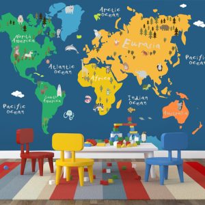Blue Background Animal Children's Map 3D Wallpaper