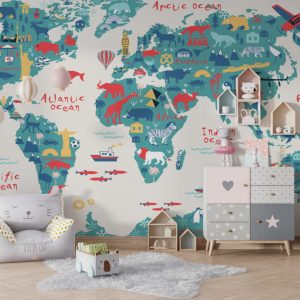 Blue Tones Animal Patterned Multicoloured Children's Map 3D Wallpaper