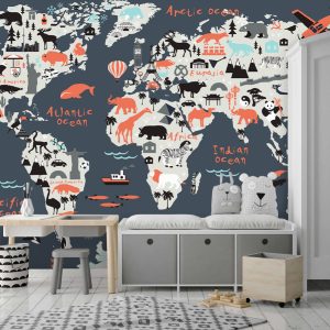 Dark Background Multicolored Animal Patterned Children's Map 3D Wallpaper