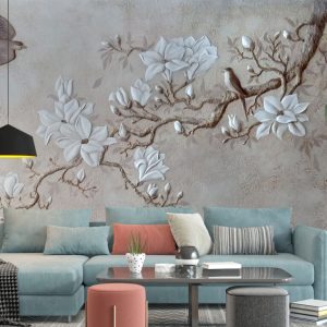 Bird and Leafy Branch Patterned 3D Wallpaper