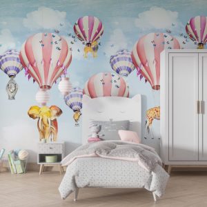 Flying Balloon Patterned 3D Wallpaper with Animals