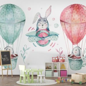 Flying Balloon Patterned 3D Wallpaper with Rabbits