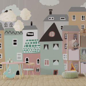 Multi-Coloured Building Patterned 3D Wallpaper