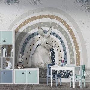Rabbit Standing in Front of a Rainbow Patterned 3D Wallpaper