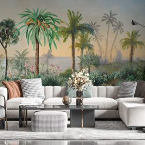 Sea and Tree Patterned Tropical Wallpaper