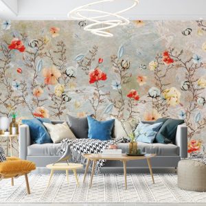 Multi-Coloured Flower Branch Patterned 3D Wallpaper