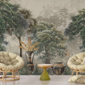 3D Tree and Pot Patterned Tropical Wallpaper