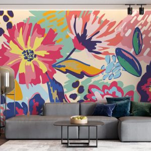 Multicoloured Flower Motif Patterned 3D Wallpaper