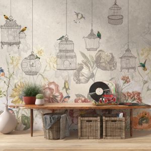 Bird and Flower Patterned 3D Wallpaper