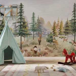Deers in the Forest Tropical Patterned Wallpaper