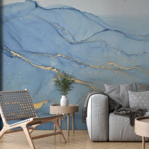 Light Blue Gold Detailed Ebru Wallpaper