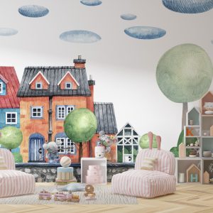 Colourful Baby Houses and Happy Animals Children's Wallpaper