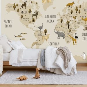 Animal World Map Kids Wallpaper