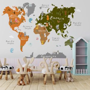 Green-Orange Coloured Children's Map 3D Wallpaper