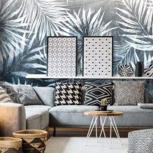 Textured Blue Tropical Leaves Wallpaper