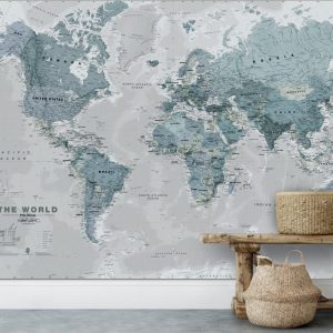 Scale World Map Patterned 3D Wallpaper in Blue Tones