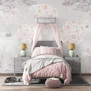 Flowery Flying Balloon Patterned 3D Wallpaper
