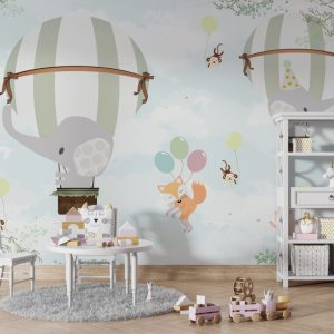Elephant and Fox Flying in a Balloon Patterned 3D Wallpaper