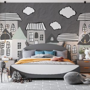Sketch-Style House Patterned 3D Wallpaper