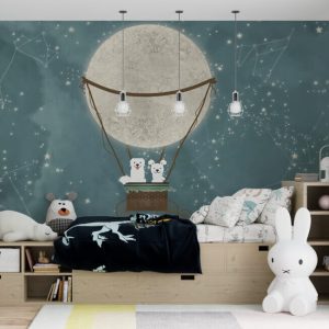 3D Wallpaper with Dog Flying in a Balloon Pattern