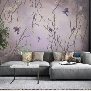 Flying Birds and Tree Branches Patterned 3D Wallpaper
