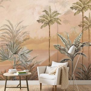 Tall Palm Tree Patterned Tropical Wallpaper in Beige Tones