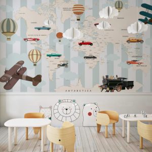 Car and Airplane Patterned Children's Map 3D Wallpaper