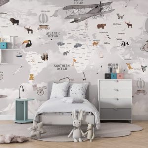 Mountain and Animal Pattern Children's Map 3D Wallpaper