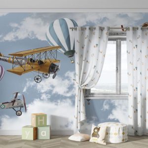 Old Airplane and Balloon Patterned 3D Wallpaper
