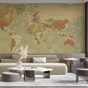 Multi-Coloured World Map Patterned 3D Wallpaper