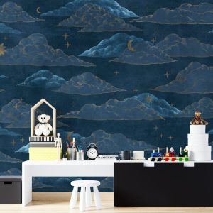 Dark Blue Tones Moon, Star and Cloud Patterned 3D Wallpaper