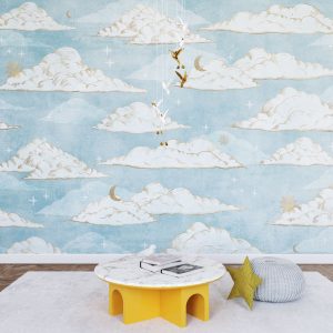 Blue Background Moon Star and Cloud Patterned 3D Wallpaper