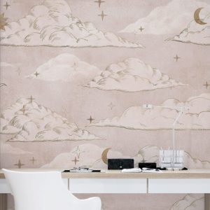 Pink Background Moon, Star and Cloud Patterned 3D Wallpaper