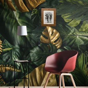 Tropical Leaves Wallpaper in Green and Gold Colours