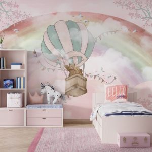 Wallpaper with Rainbow Landscape and Flying Bear with Balloon