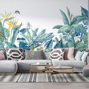 Birds and Flowers on Trees Patterned Tropical Wallpaper