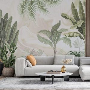 3D Tropical Wallpaper with Various Tree and Plant Patterns