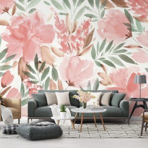 Green Leaf Pink Flower Patterned 3D Wallpaper