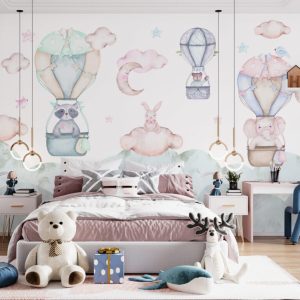 Several Animals Travelling Above the Clouds Patterned 3D Wallpaper