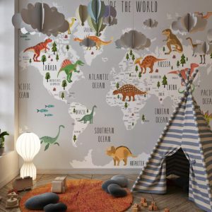 Dinosaur Patterned Children's Map 3D Wallpaper