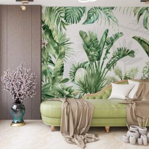 3D Tropical Wallpaper with Various Green Plant Patterns