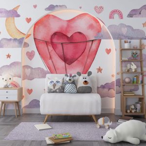 Heart-Shaped Balloon and Cloud Patterned 3D Wallpaper