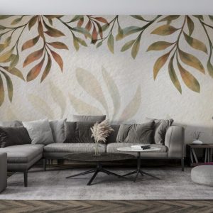 Multi-Coloured Leaf and Shadow Patterned 3D Wallpaper