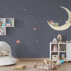 Child Sleeping in the Moon and Star Patterned 3D Wallpaper